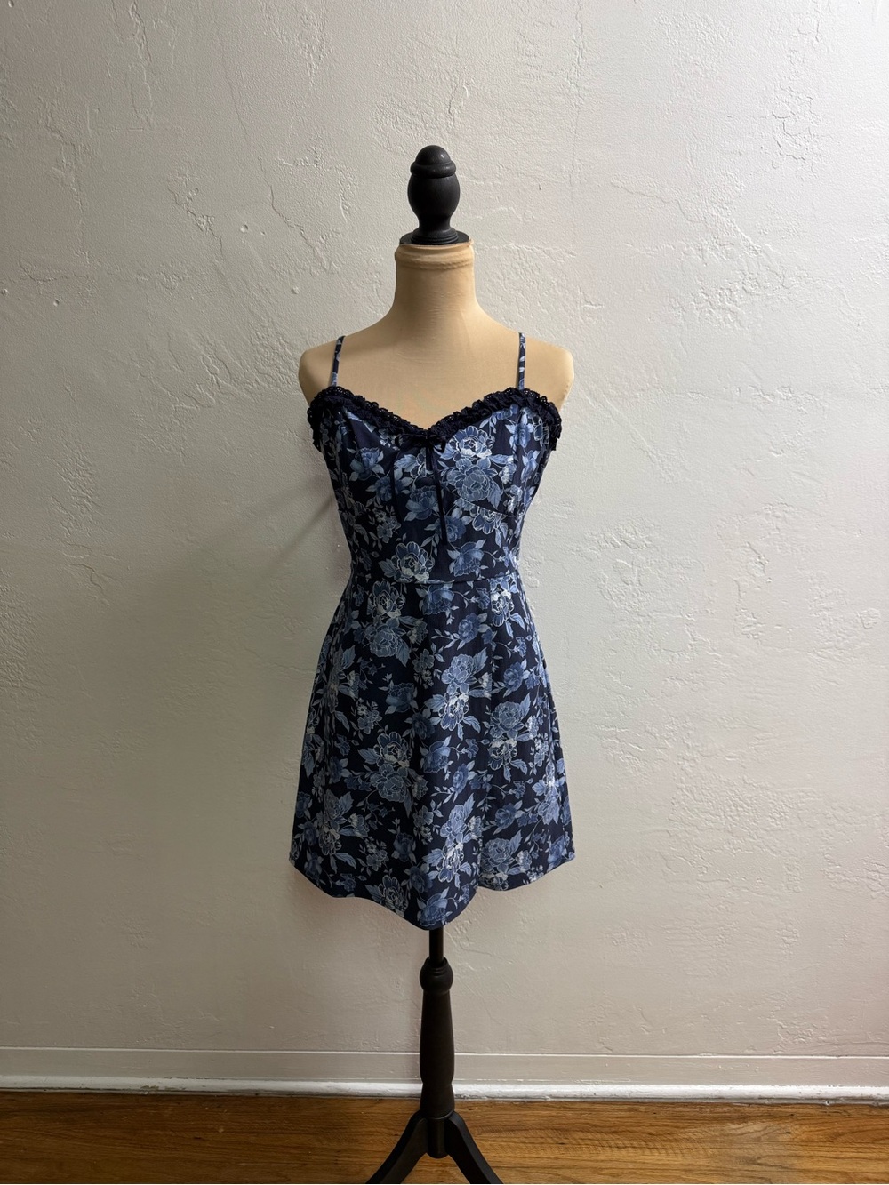 Trixxi Navy and Light Blue Floral Lace-Trim Slip Dress
